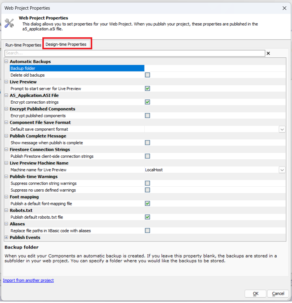 Web Project Properties Design-time Properties tab